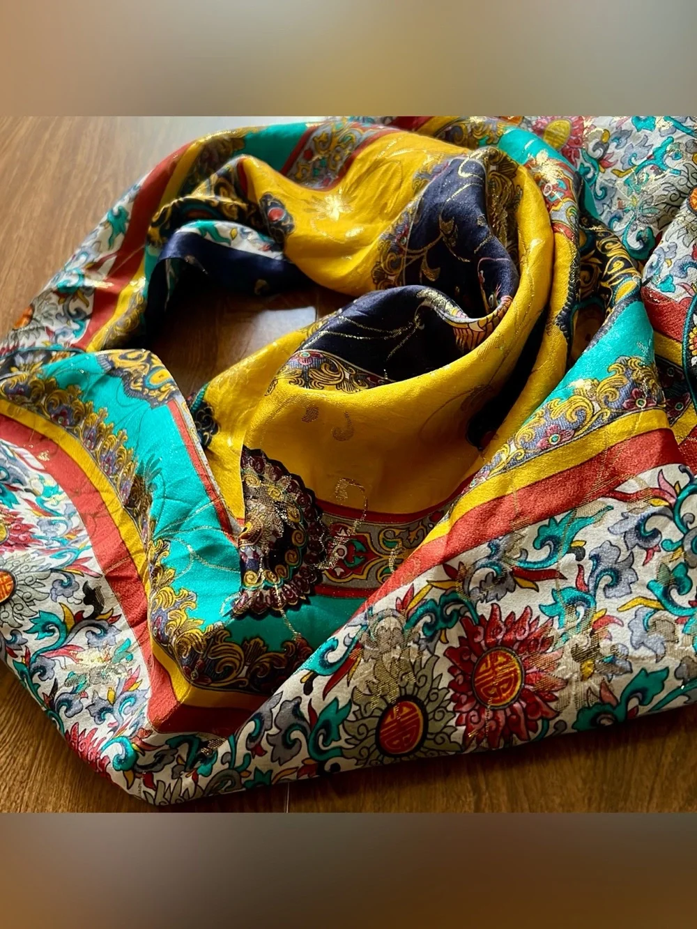 Vintage Large Square Chinese Dragon Flower Pattern Multicolored 100% Silk Scarf